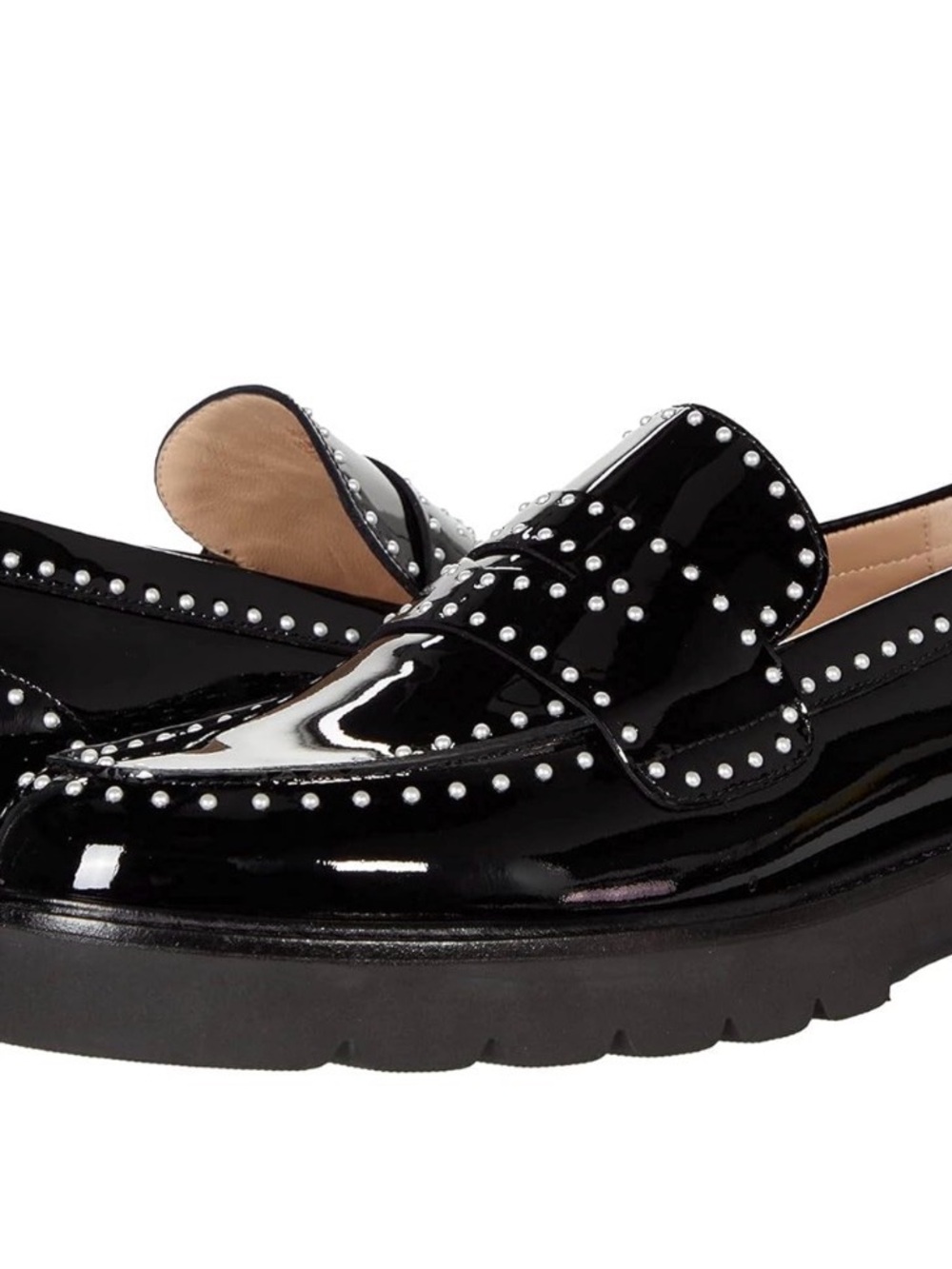 Stuart Weitzman Parker Lift Black Patent Leather Mini Pearl Loafers Size 7.5 - Picture 7 of 7